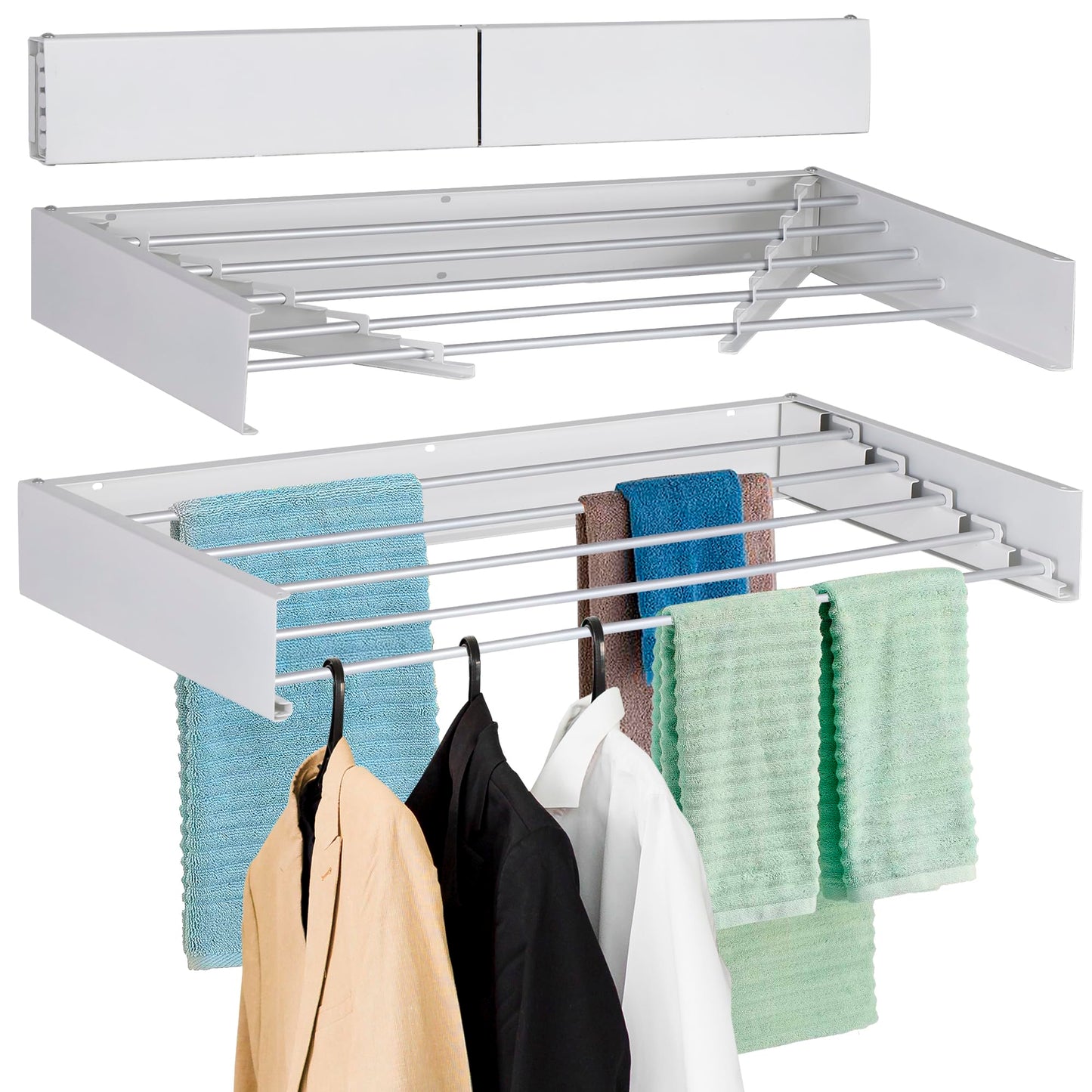 F Wall Mounted Clothes Drying Rack Collapsible for Laundry 40" with Drilling Template Aluminum Rods and Long Screwdriver Bit 60 lbs Capacity White